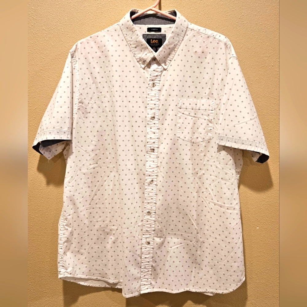 Lee White Casual Button Down Shirt with Geometric Pattern Size XXL Stretch